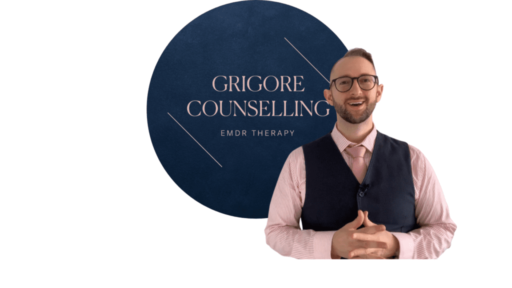 Grigore Counselling's Founder Robert Grigore in front of logo